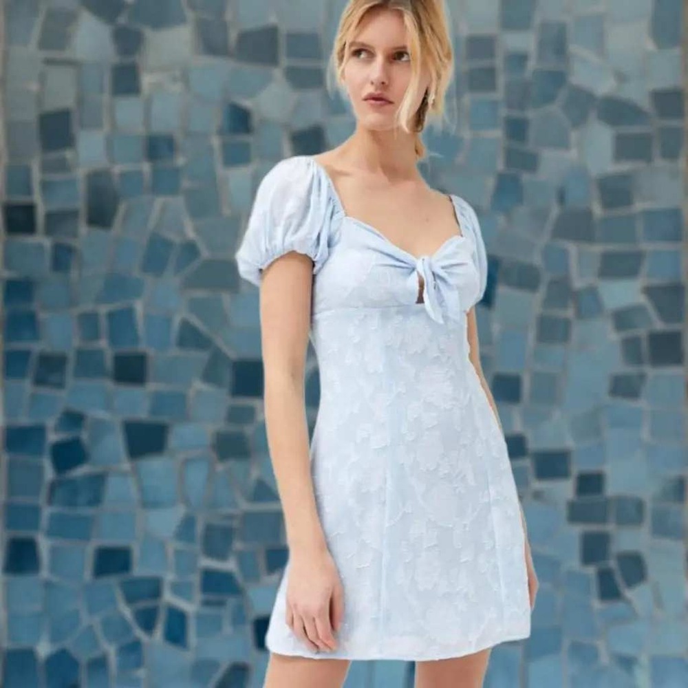 Urban Outfitters Light Blue Floral Jacquard Puff Sleeve Tie Front Mini Dress S